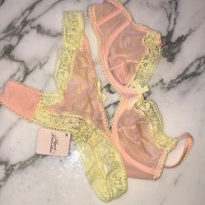 Agent Provocateur 36A bra, size 4 thong, “Sierra” pink with lemon accents